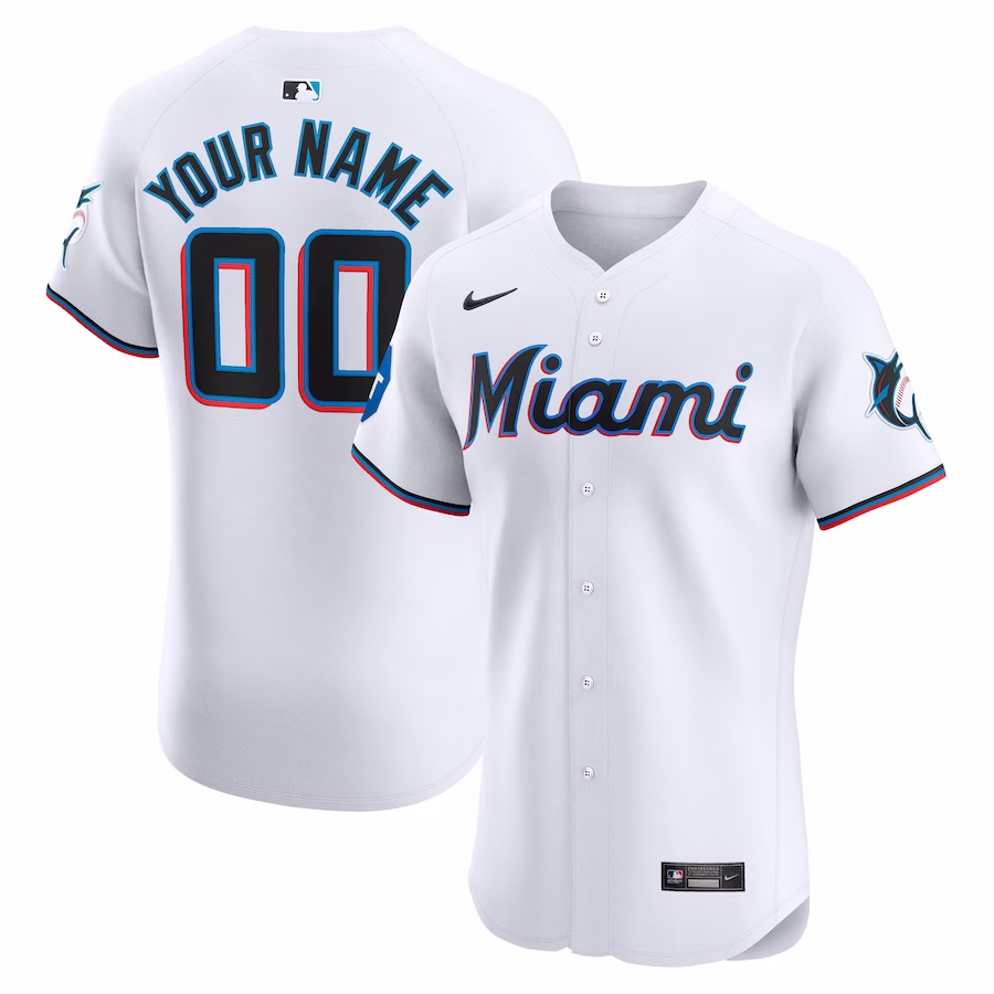 Men's Miami Marlins Nike White Home Elite Custom Patch Jersey - Ujersey Shop