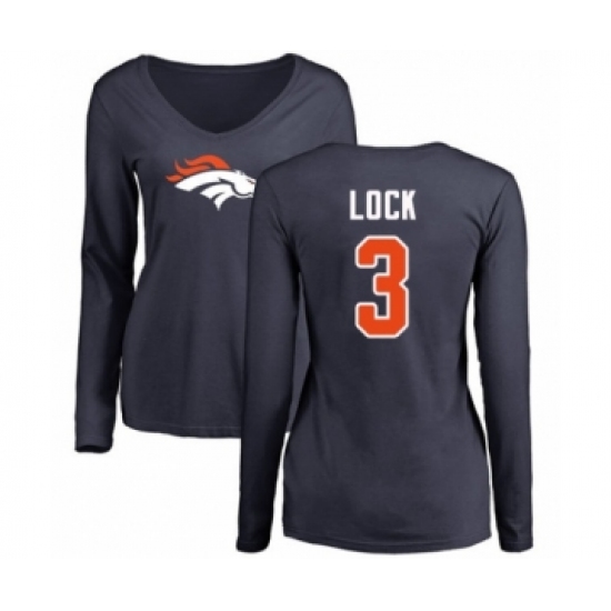 Football Women's Denver Broncos #3 Drew Lock Navy Blue Name & Number Logo Long Sleeve T-Shirt - Ujersey Shop