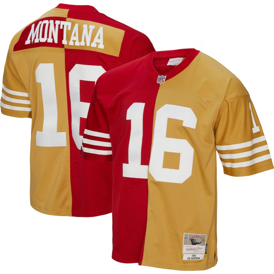 Men's San Francisco 49ers Joe Montana Mitchell & Ness Scarlet/Gold 1990 Split Legacy Replica Jersey - Vujersey Los Angeles Rams