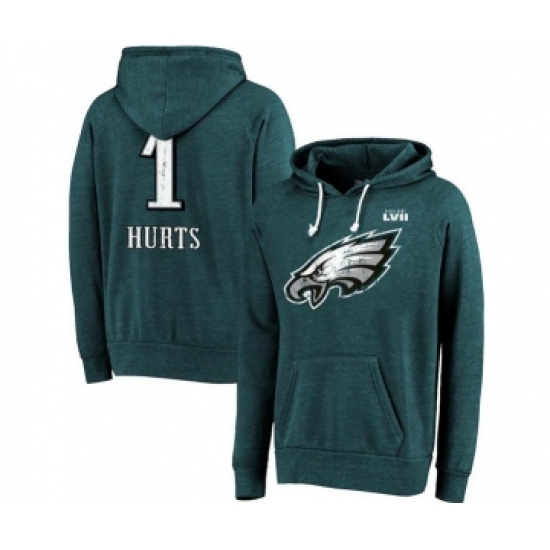Men's Philadelphia Eagles #1 Jalen Hurts Midnight Green Super Bowl LVII Name & Number Pullover Hoodie - Vujersey Los Angeles Rams
