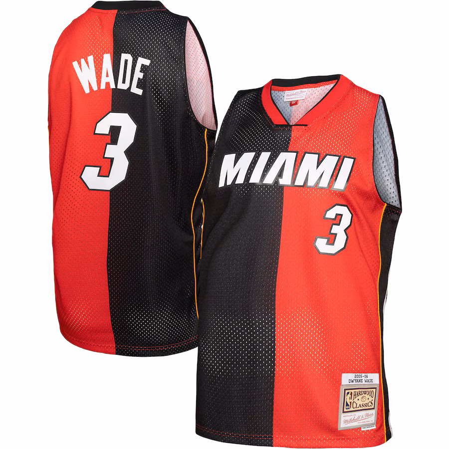 Men's Miami Heat Dwyane Wade Mitchell & Ness Black/Red Hardwood Classics 2005/06 Split Swingman Jersey - Vujersey Los Angeles Rams