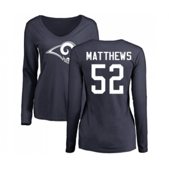 Football Women's Los Angeles Rams #52 Clay Matthews Navy Blue Name & Number Logo Slim Fit Long Sleeve T-Shirt - Vujersey Los Angeles Rams