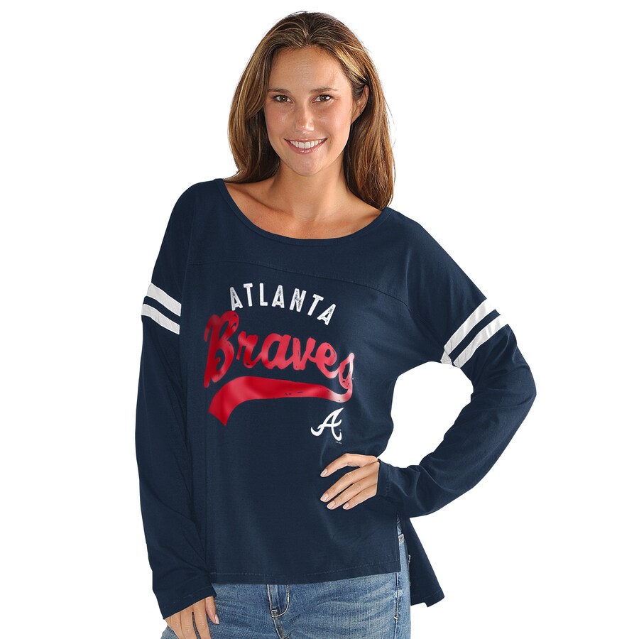 Women's Atlanta Braves G-III 4Her by Carl Banks Navy Free Agent Distressed Long Sleeve Scoop Neck T-Shirt - Vujersey Los Angeles Rams