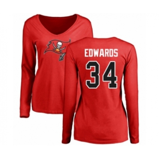 Football Women's Tampa Bay Buccaneers #34 Mike Edwards Red Name & Number Logo Long Sleeve T-Shirt - Vujersey Los Angeles Rams