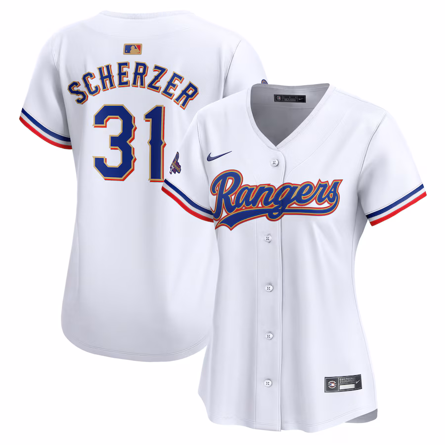 Women's Texas Rangers Max Scherzer Nike White 2024 Gold Collection Limited Player Jersey - Vujersey Los Angeles Rams