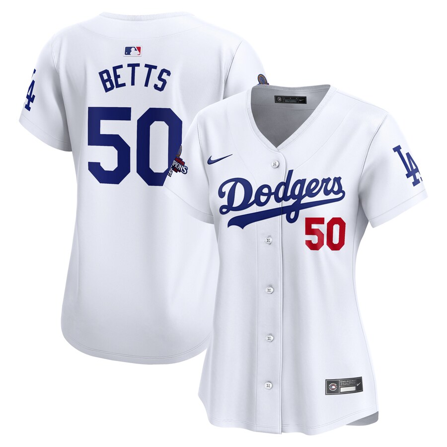 Women's Los Angeles Dodgers Mookie Betts Nike White 2024 World Series Champions Home Limited Player Jersey - Vujersey Los Angeles Rams