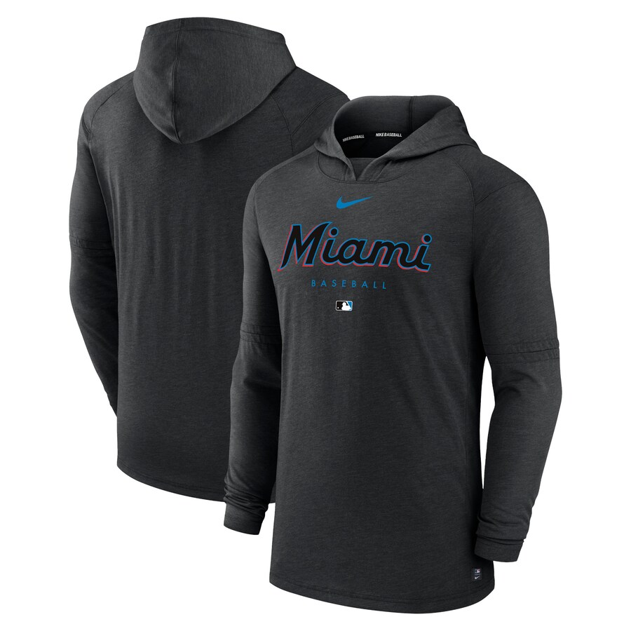 Men's Miami Marlins Nike Heather Black Authentic Collection Early Work Tri-Blend Performance Pullover Hoodie - Vujersey Los Angeles Rams