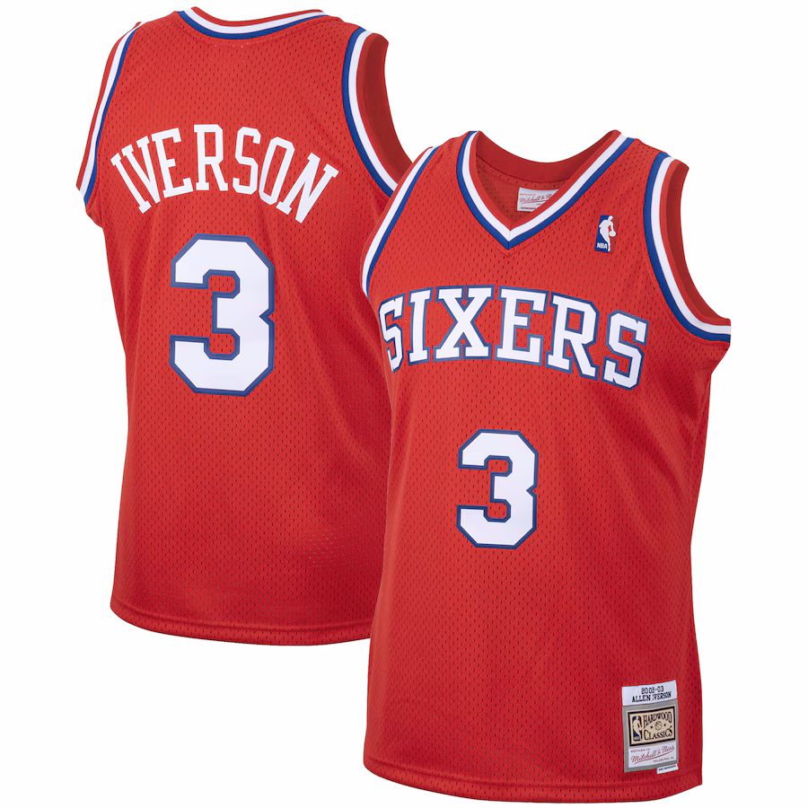 Men's Philadelphia 76ers Allen Iverson Mitchell & Ness Red 2001/02 Hardwood Classics Swingman Jersey - Vujersey Los Angeles Rams