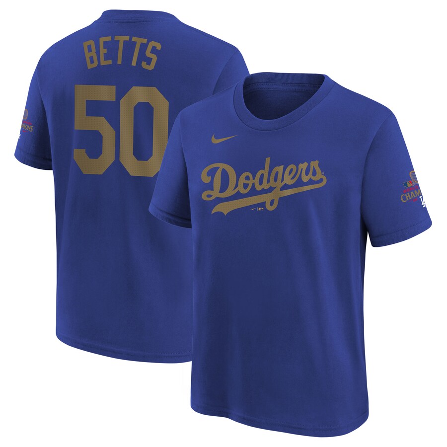 Youth Los Angeles Dodgers Mookie Betts Nike Royal 2025 Gold Collection Name & Number T-Shirt - Vujersey Los Angeles Rams