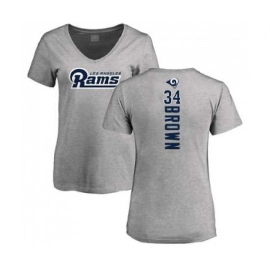 Football Women's Los Angeles Rams #34 Malcolm Brown Ash Backer V-Neck T-Shirt - Vujersey Los Angeles Rams
