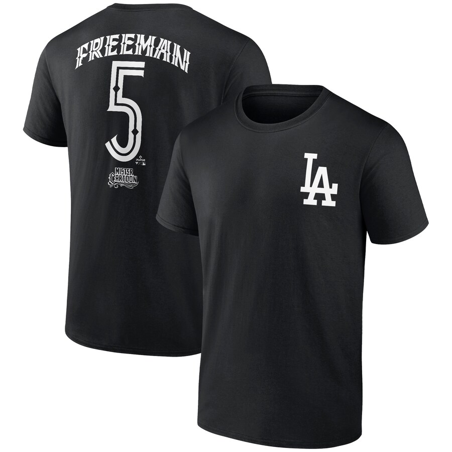 Men's Los Angeles Dodgers Freddie Freeman Black Mister Cartoon Name & Number T-Shirt - Vujersey Los Angeles Rams