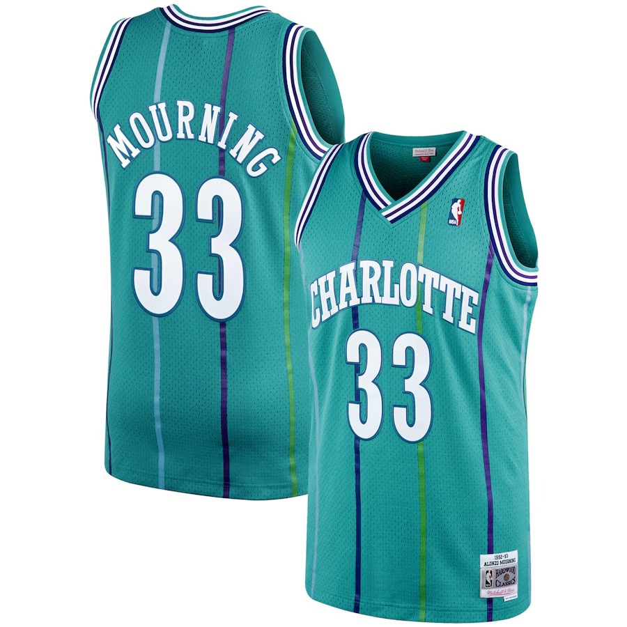 Men's Charlotte Hornets Alonzo Mourning Mitchell & Ness Teal 1992/93 Hardwood Classics Swingman Jersey - Vujersey Los Angeles Rams