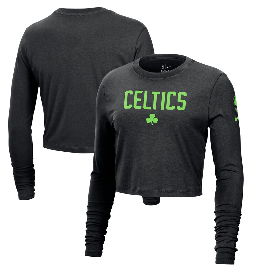 Women's Boston Celtics Nike Black 2024/25 City Edition Essential Logo Slim Fit Long Sleeve Cropped T-Shirt - Vujersey Los Angeles Rams