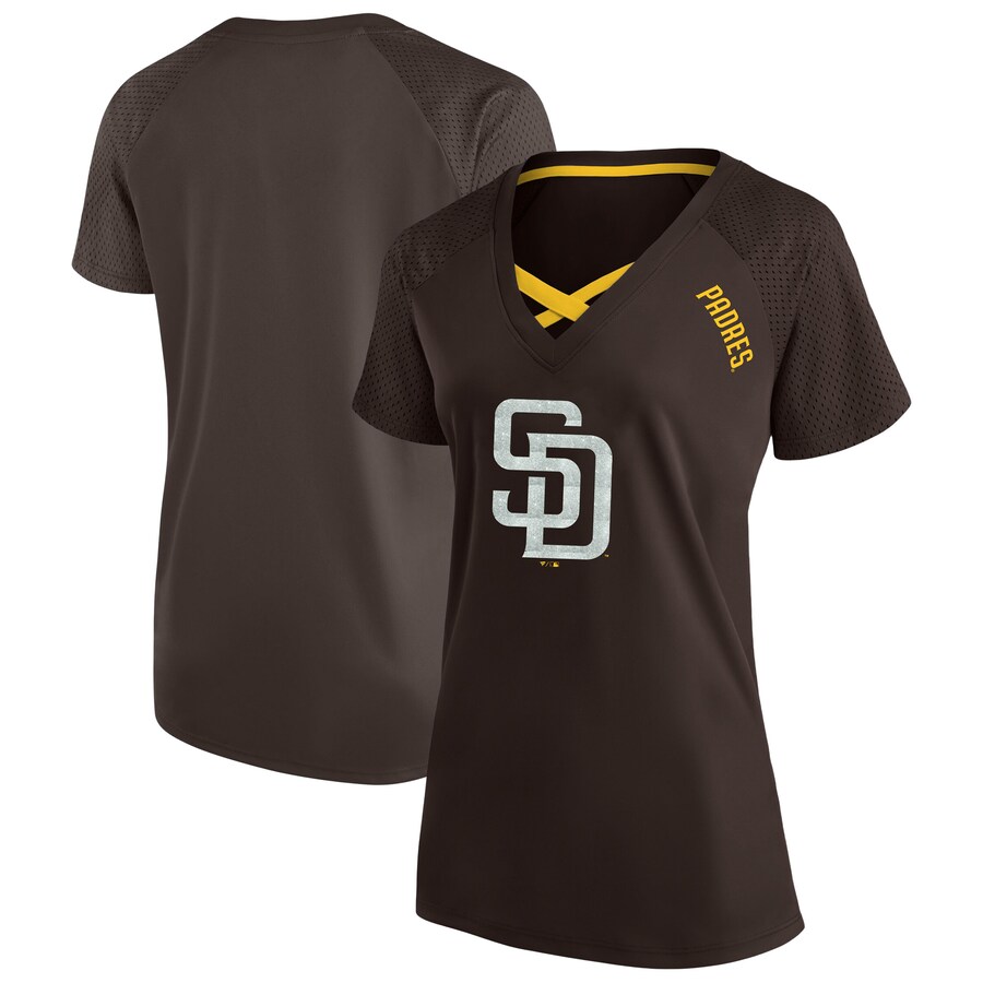 Women's San Diego Padres Profile Brown Plus Size Glitter Raglan V-Neck T-Shirt - Vujersey Los Angeles Rams