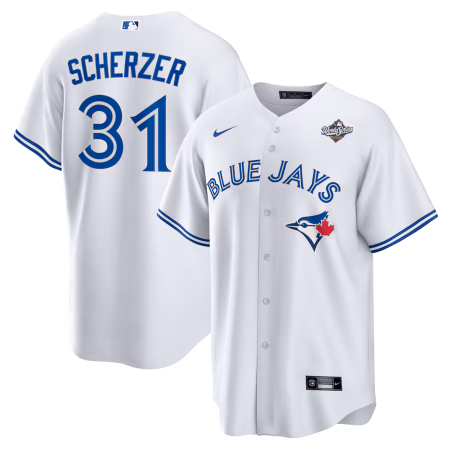 Men's Toronto Blue Jays Max Scherzer Nike White 2025 World Series Home Replica Player Jersey - Vujersey Los Angeles Rams