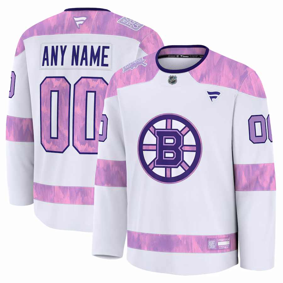 Men's Boston Bruins Fanatics White 2024 Hockey Fights Cancer Custom Practice Jersey - Vujersey Los Angeles Rams