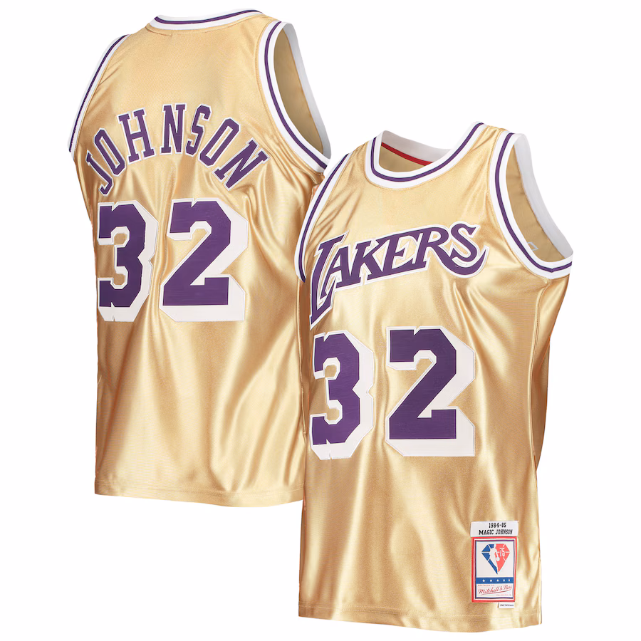 Men's Los Angeles Lakers Magic Johnson Gold Mitchell & Ness 75th Anniversary 1984/85 Hardwood Classics Swingman Jersey - Vujersey Los Angeles Rams