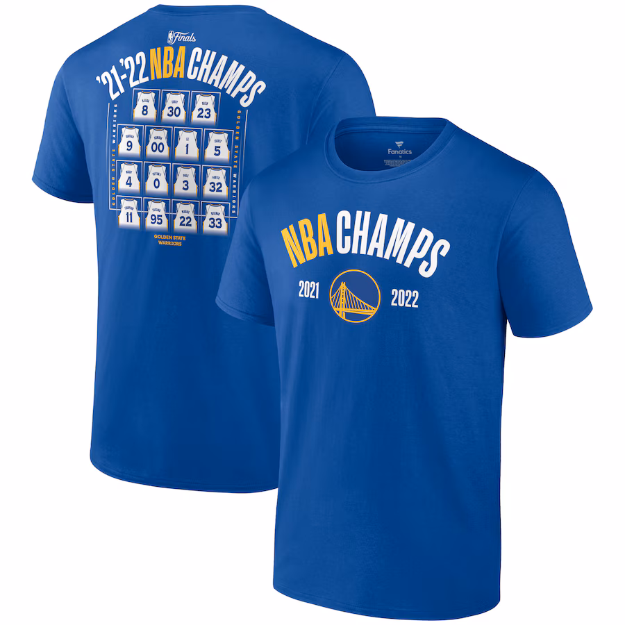 Men's Golden State Warriors Fanatics Royal 2022 NBA Finals Champions Final Buzzer Jersey Roster T-Shirt - Vujersey Los Angeles Rams