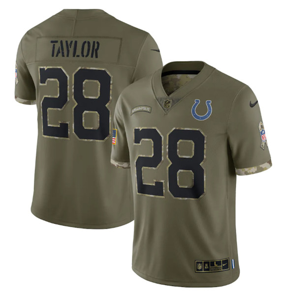 Men's Indianapolis Colts #28 Jonathan Taylor 2022 Olive Salute To Service Limited Stitched Jersey - Vujersey Los Angeles Rams