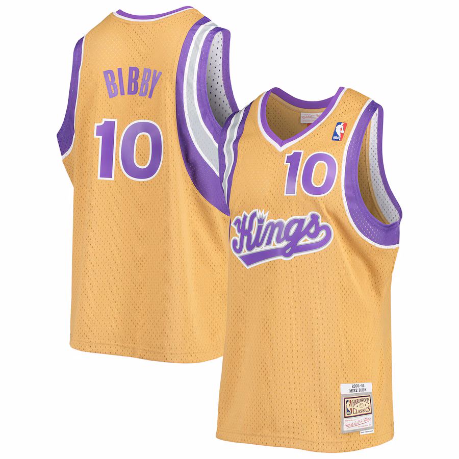 Men's Sacramento Kings Mike Bibby Mitchell & Ness Gold 2005/06 Hardwood Classics Swingman Jersey - Vujersey Los Angeles Rams
