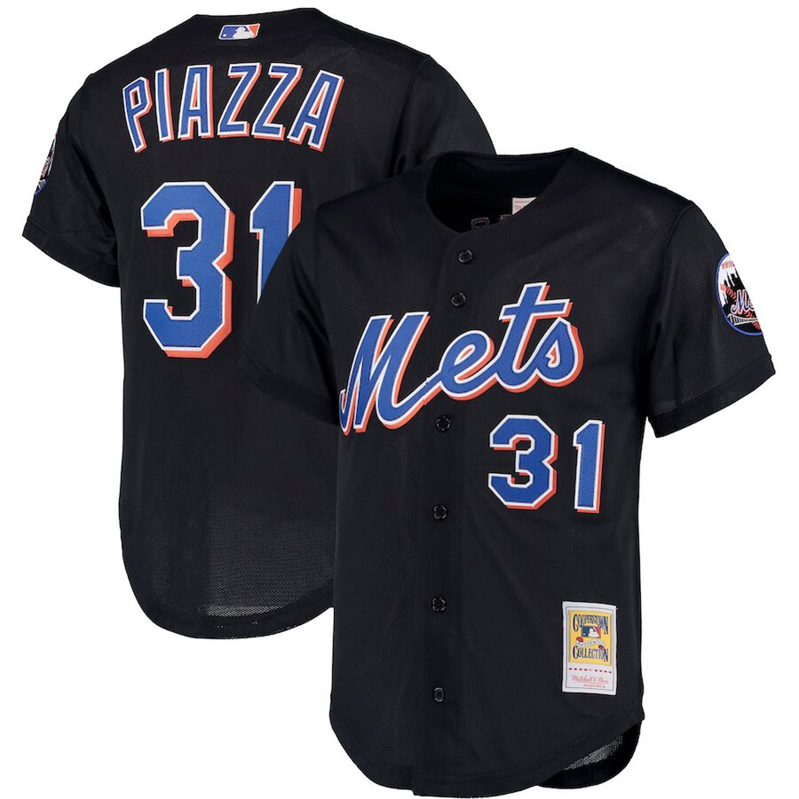 Men's New York Mets Mike Piazza Mitchell & Ness Black Big & Tall Cooperstown Collection Mesh Button-Up Jersey - Vujersey Los Angeles Rams