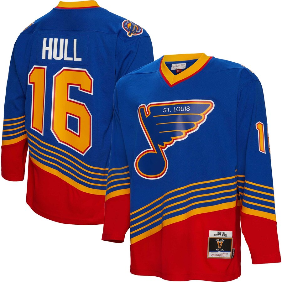 Men's St. Louis Blues Brett Hull Mitchell & Ness Blue 1995/96  Blue Line Player Jersey - Vujersey Los Angeles Rams