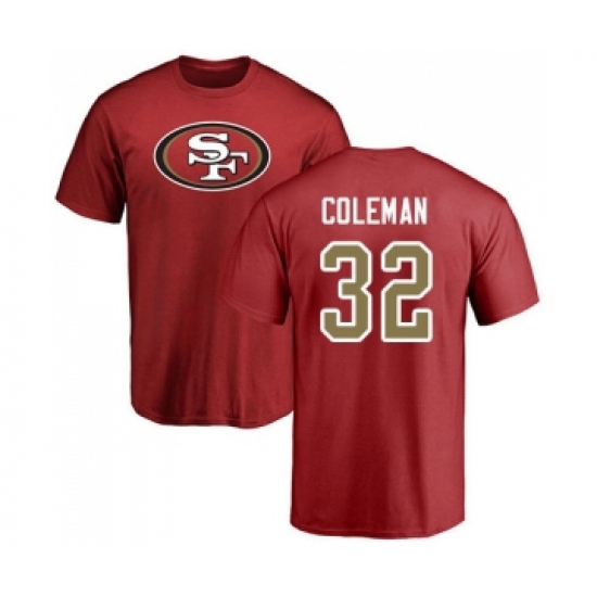 Football San Francisco 49ers #32 Tevin Coleman Red Name & Number Logo T-Shirt - Vujersey Los Angeles Rams