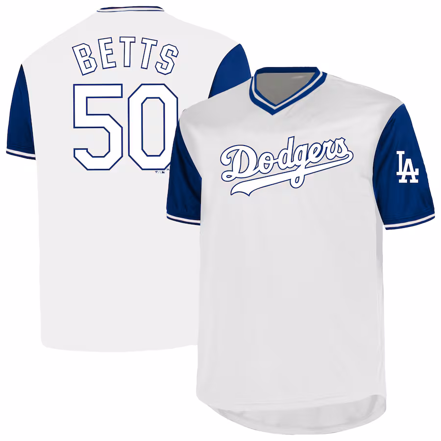 Men's Los Angeles Dodgers Mookie Betts Profile White Big & Tall Name & Number Birdeye V-Neck T-Shirt - Vujersey Los Angeles Rams