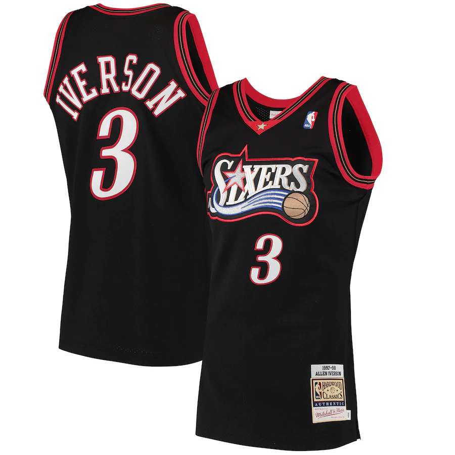 Men's Philadelphia 76ers Allen Iverson Mitchell & Ness Black 1997/98 Hardwood Classics Authentic Jersey - Vujersey Los Angeles Rams