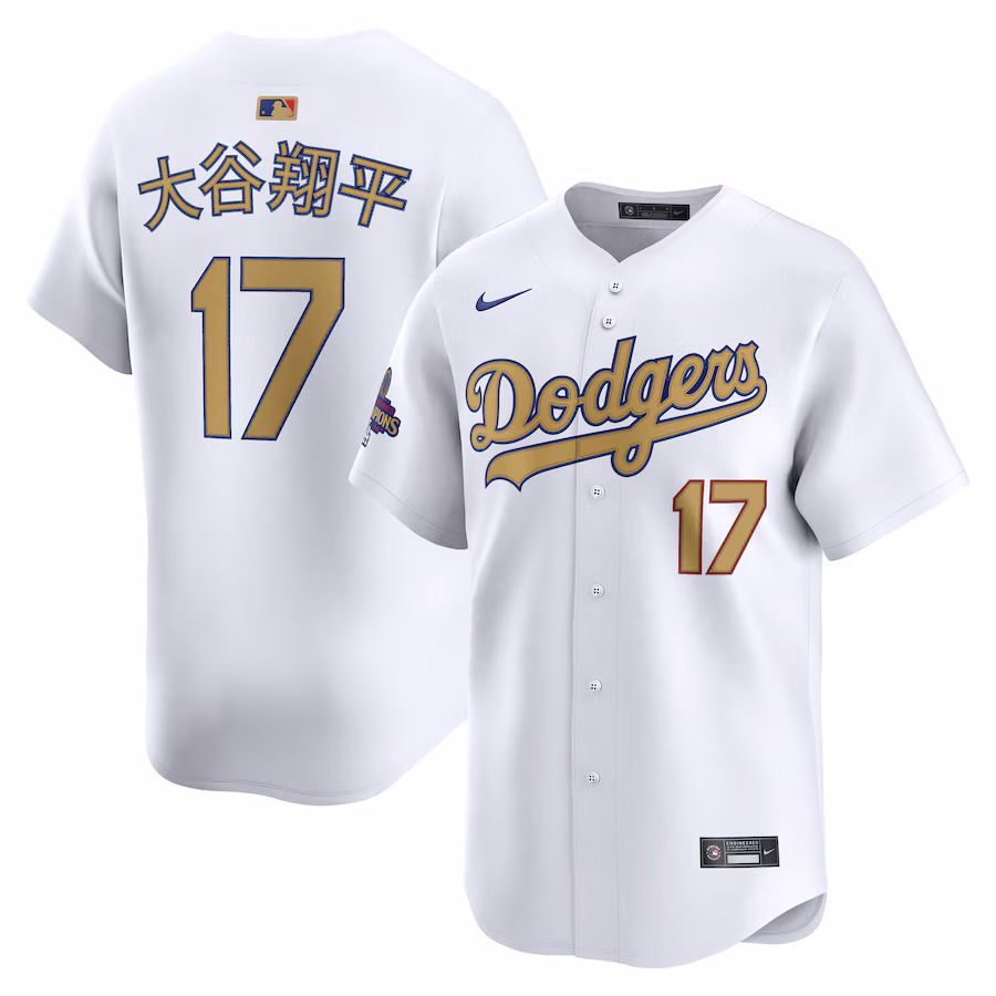 Men's Los Angeles Dodgers Shohei Ohtani Nike White 2025 Gold Collection Kanji Limited Jersey - Vujersey Los Angeles Rams