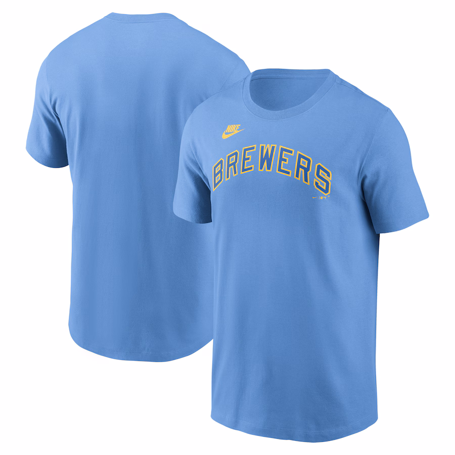 Men's Milwaukee Brewers Nike Powder Blue Cooperstown Wordmark T-Shirt - Vujersey Los Angeles Rams