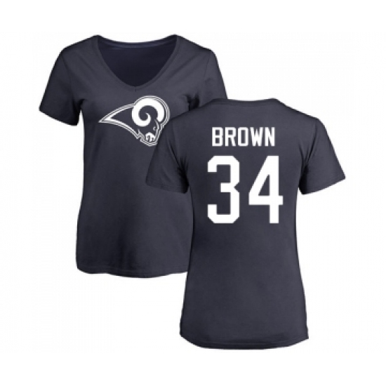 Football Women's Los Angeles Rams #34 Malcolm Brown Navy Blue Name & Number Logo Slim Fit T-Shirt - Vujersey Los Angeles Rams