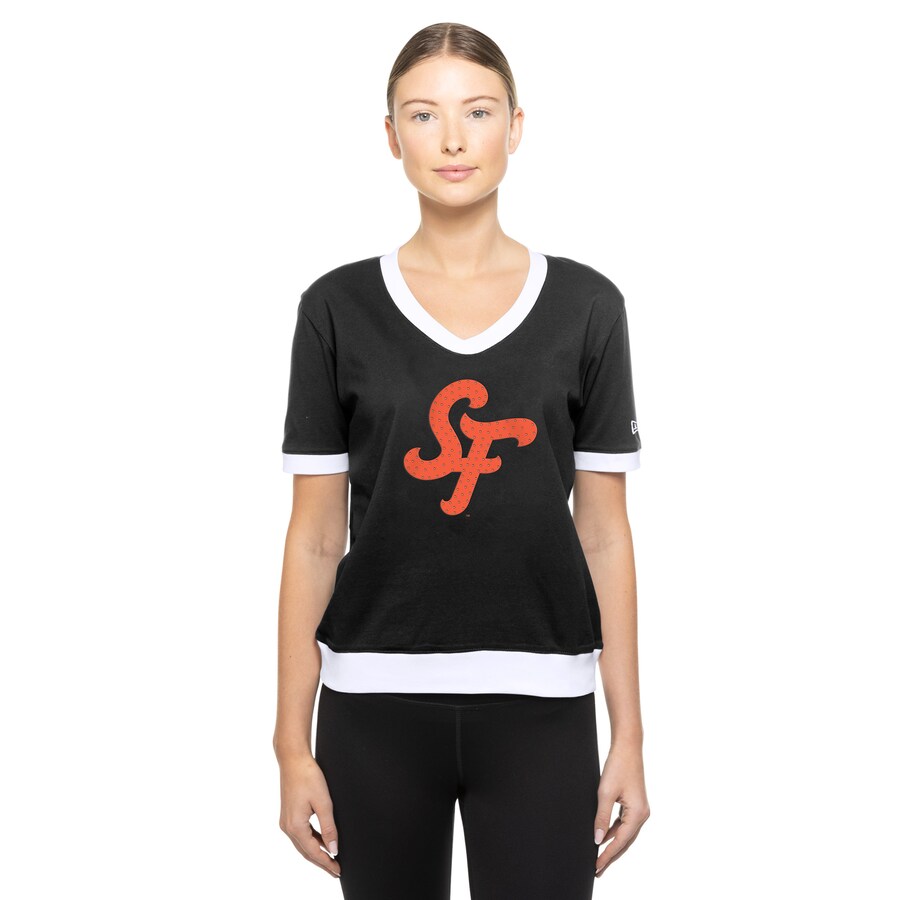 Women's San Francisco Giants New Era Black 2025 City Connect Rhinestone V-Neck T-Shirt - Vujersey Los Angeles Rams