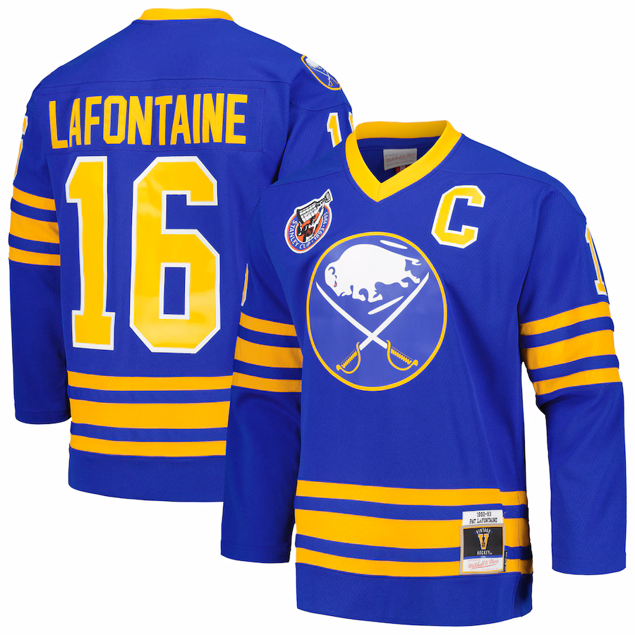 Men's Buffalo Sabres Pat LaFontaine Mitchell & Ness Royal Captain Patch 1992/93 Blue Line Player Jersey - Vujersey Los Angeles Rams