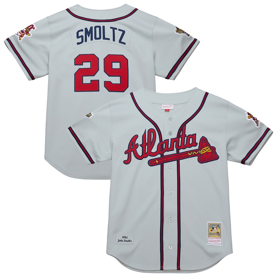 Men's Atlanta Braves John Smoltz Mitchell & Ness Gray 1995 Throwback Authentic Jersey - Vujersey Los Angeles Rams