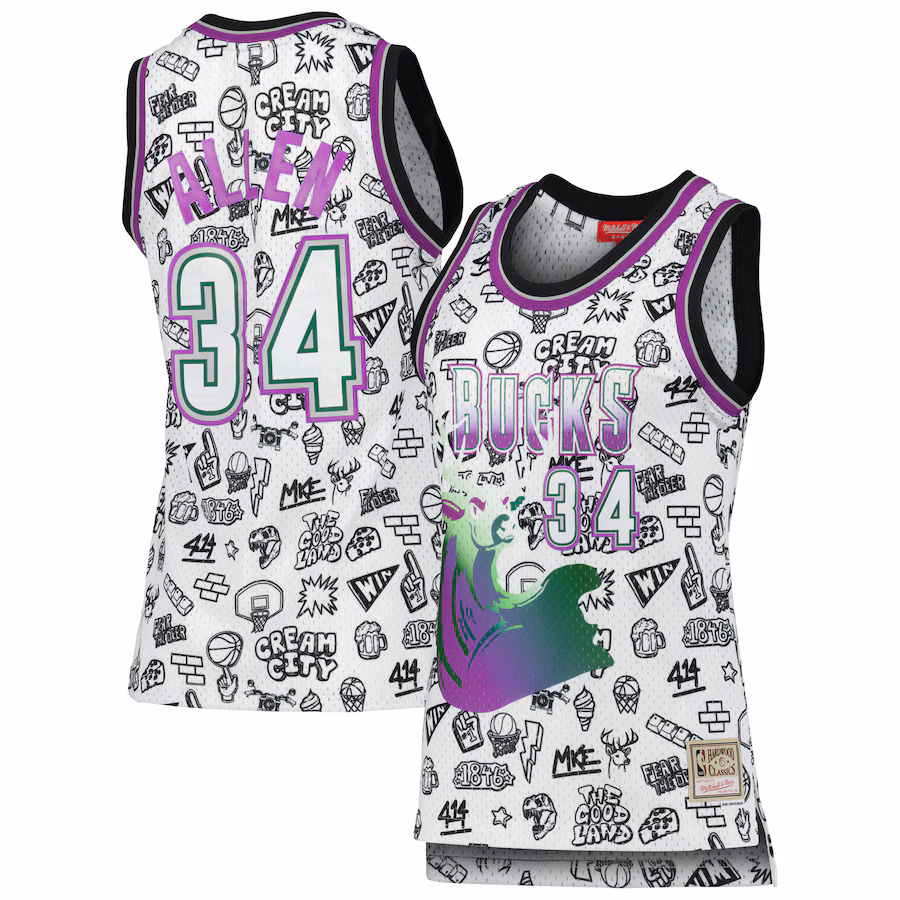 Women's Milwaukee Bucks Ray Allen Mitchell & Ness White 1996 Doodle Swingman Jersey - Vujersey Los Angeles Rams