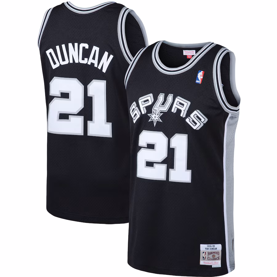 Men's San Antonio Spurs Tim Duncan Mitchell & Ness Black 1998/99 Big & Tall Hardwood Classics Swingman Jersey - Vujersey Los Angeles Rams