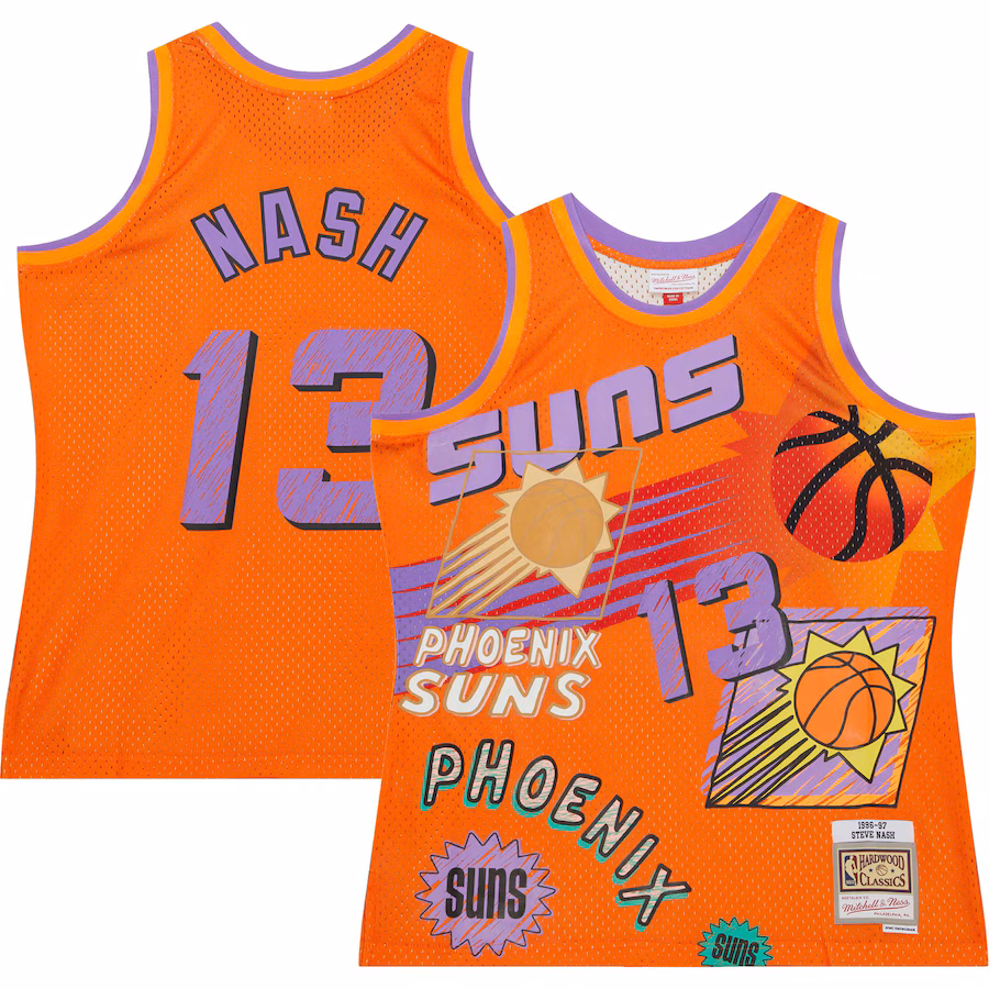 Men's Phoenix Suns Steve Nash Mitchell & Ness Orange 1996/97 Swingman Sidewalk Sketch Jersey - Vujersey Los Angeles Rams