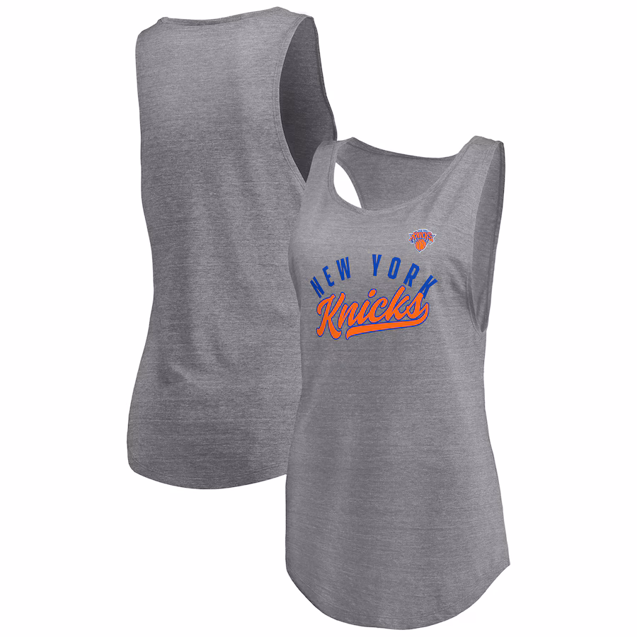Women's New York Knicks Fanatics Heathered Gray Quality Time Open Scoop Neck Tri-Blend Tank Top - Vujersey Los Angeles Rams