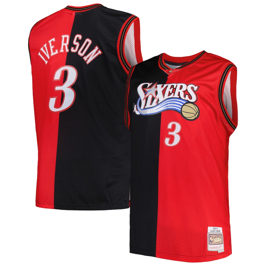 Men's Philadelphia 76ers Mitchell & Ness Black/Red Big & Tall Hardwood Classics 2000/01 Split Swingman Jersey - Vujersey Los Angeles Rams