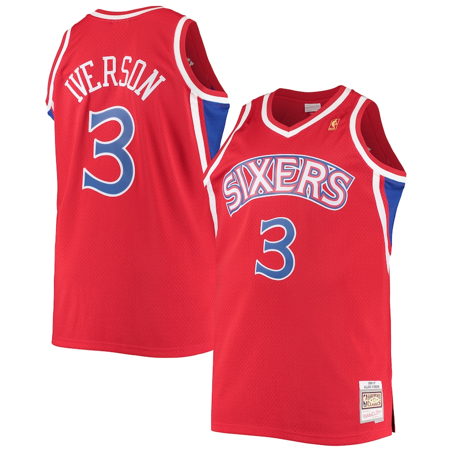 Men's Philadelphia 76ers Allen Iverson Mitchell & Ness Red 1996/97 Big & Tall Hardwood Classics Swingman Jersey - Vujersey Los Angeles Rams