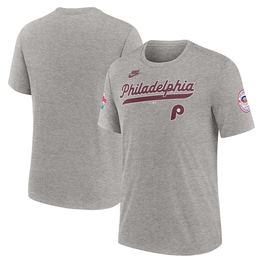 Men's Philadelphia Phillies Nike Heather Gray Cooperstown Collection Eras Tri-Blend T-Shirt - Vujersey Los Angeles Rams