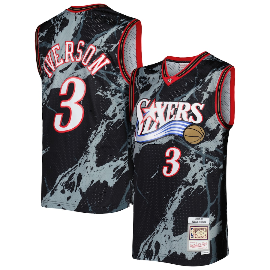 Men's Philadelphia 76ers Allen Iverson Mitchell & Ness Black 2000/01 Hardwood Classics Marble Swingman Jersey - Vujersey Los Angeles Rams