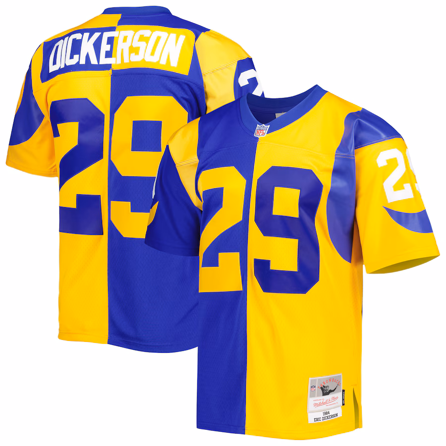 Men's Los Angeles Rams Eric Dickerson Mitchell & Ness Royal/Gold 1984 Split Legacy Replica Jersey - Vujersey Los Angeles Rams
