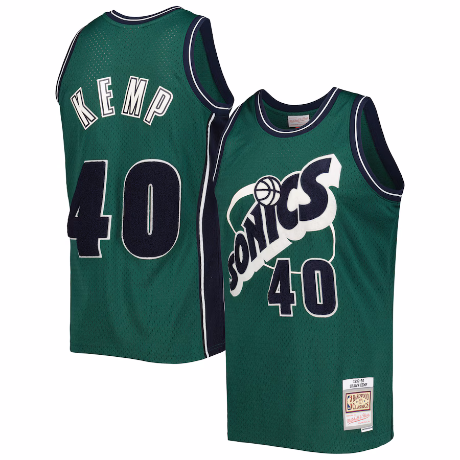 Men's Seattle SuperSonics Shawn Kemp Mitchell & Ness Green Hardwood Classics Off-Court Swingman Jersey - Vujersey Los Angeles Rams