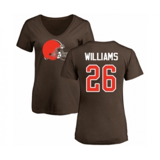 Football Women's Cleveland Browns #26 Greedy Williams Brown Name & Number Logo T-Shirt - Vujersey Los Angeles Rams