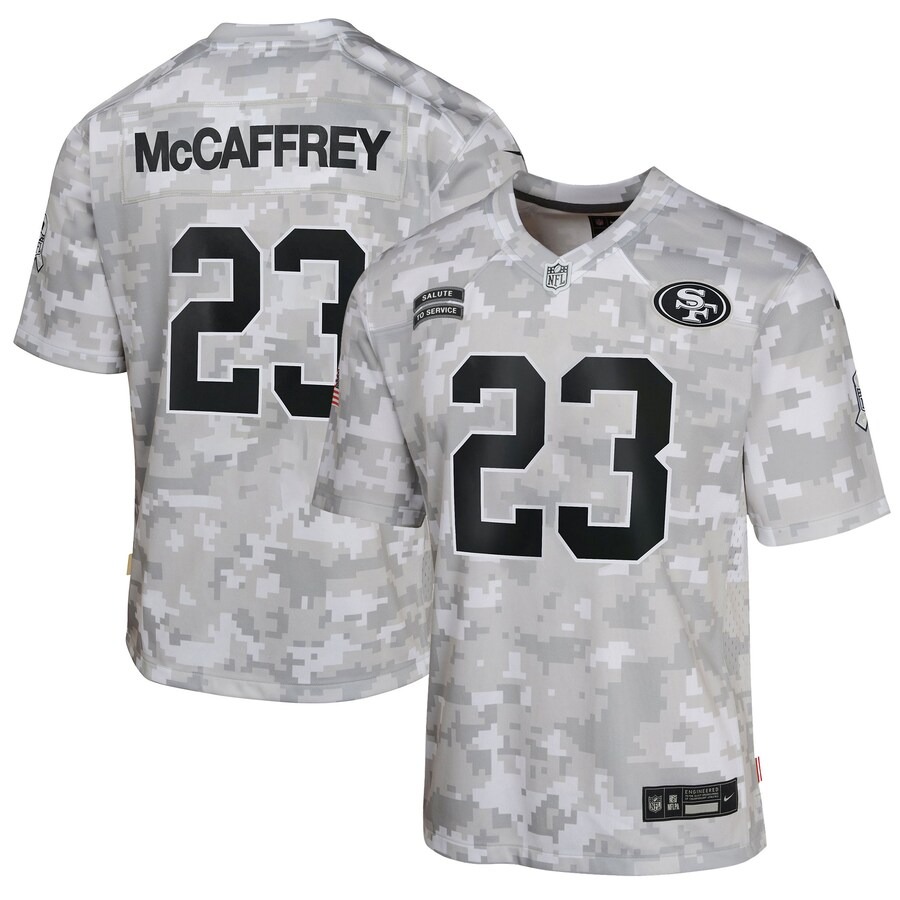 Youth San Francisco 49ers Christian McCaffrey Nike Arctic Camo 2024 Salute to Service Game Jersey - Vujersey Los Angeles Rams