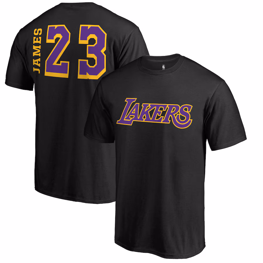 Men's Los Angeles Lakers LeBron James Black Sidesweep Name & Number T-Shirt - Vujersey Los Angeles Rams