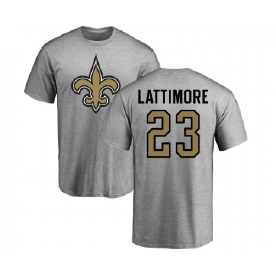 Football New Orleans Saints #23 Marshon Lattimore Ash Name & Number Logo T-Shirt - Vujersey Los Angeles Rams