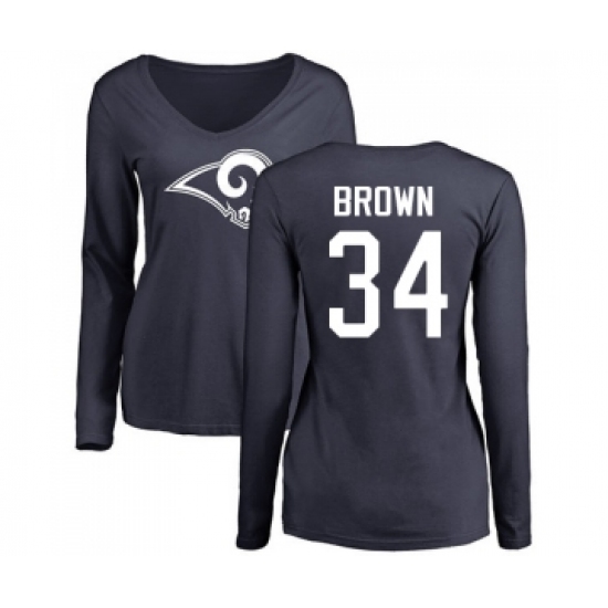 Football Women's Los Angeles Rams #34 Malcolm Brown Navy Blue Name & Number Logo Slim Fit Long Sleeve T-Shirt - Vujersey Los Angeles Rams